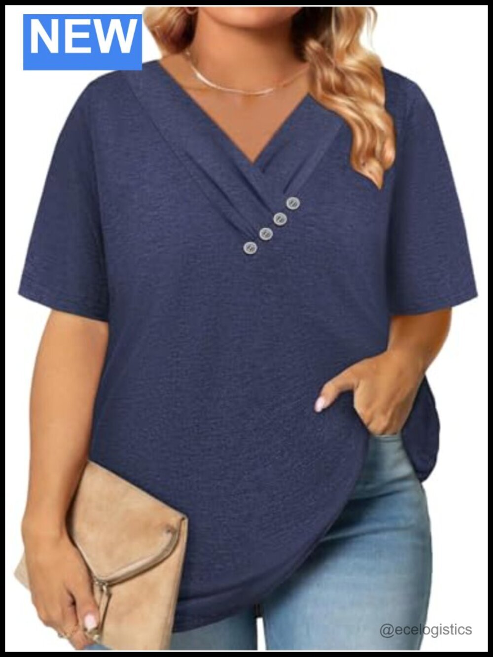 Plus Size Short Sleeve V Neck Button Down Tunic Tops Blouses L-4XL
